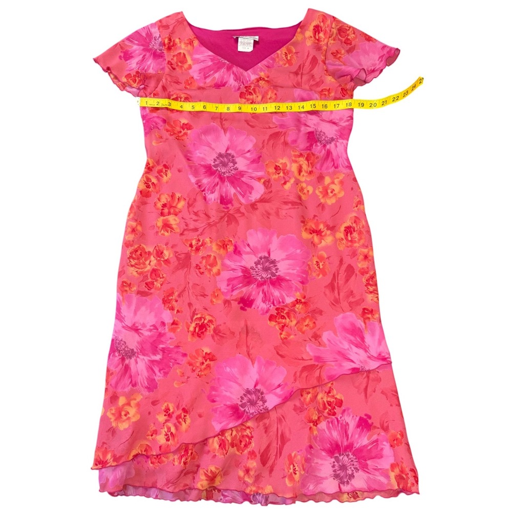 Dressbarn Pink Floral Chiffon Midi‎ Dress V Neck Layered Size 10 - Picture 6 of 7